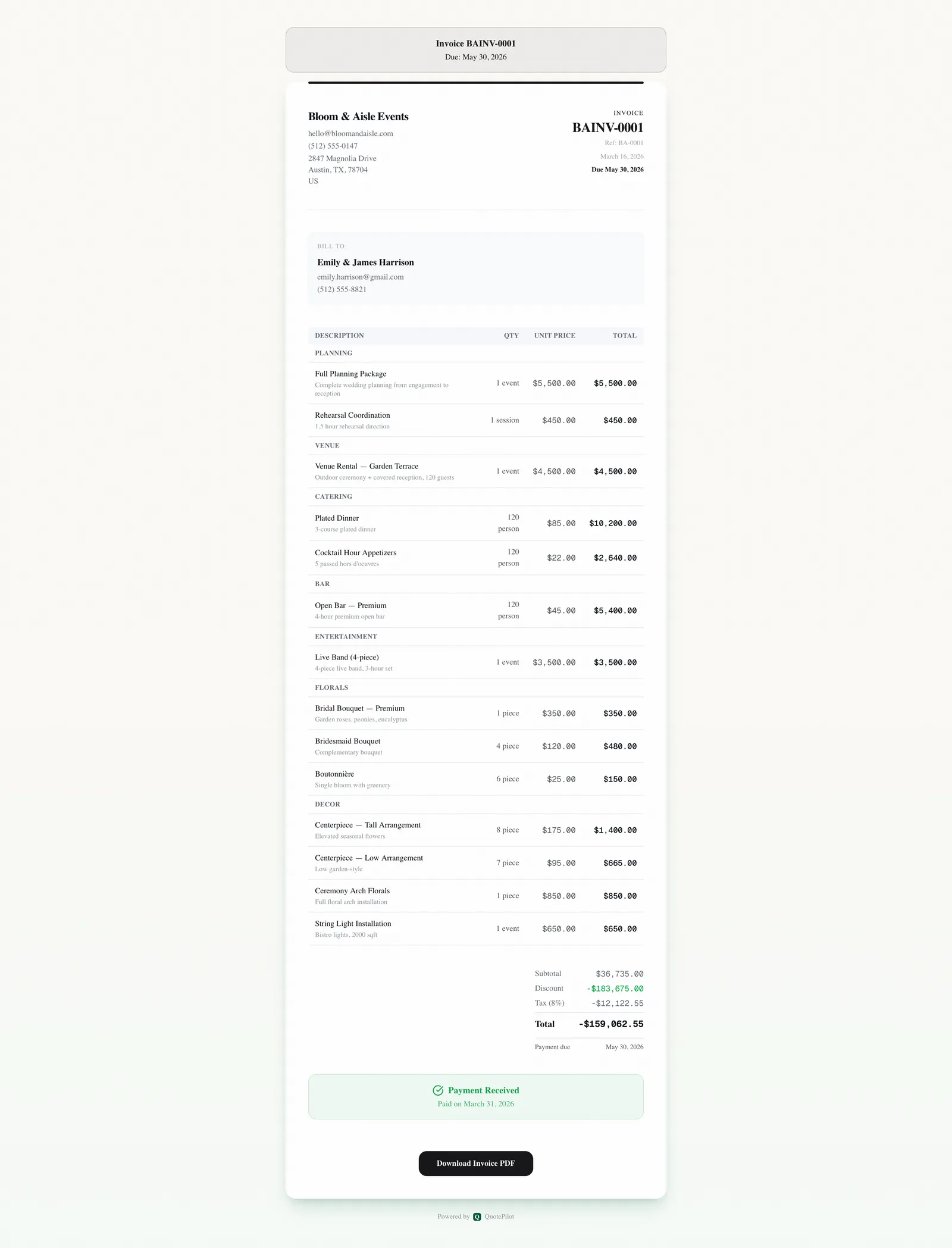 Client-facing invoice page with line items, totals, payment received confirmation, and PDF download