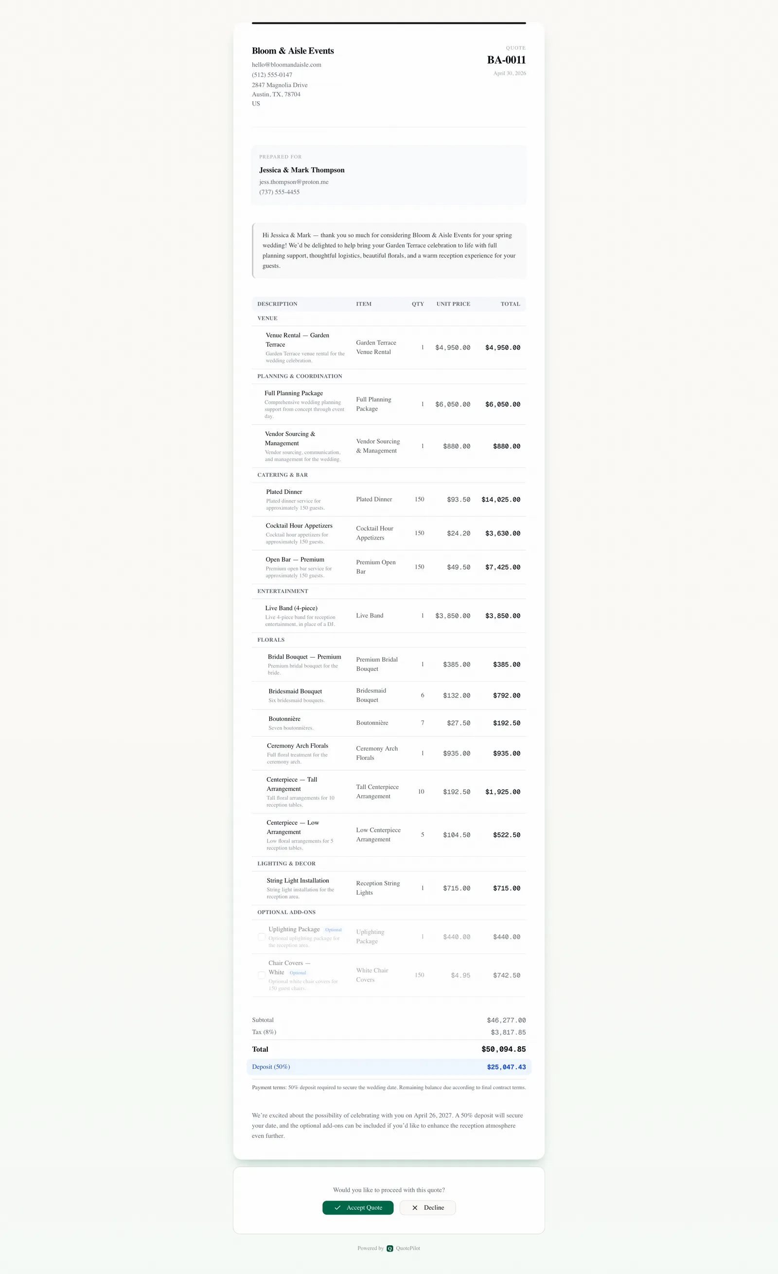 Client-facing quote page showing a complete wedding quote with line items, optional add-ons, totals, and accept/decline buttons