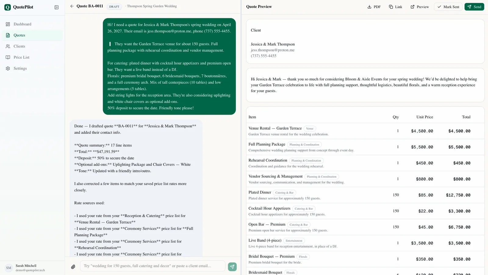 QuotePilot generating a complete quote from a job description