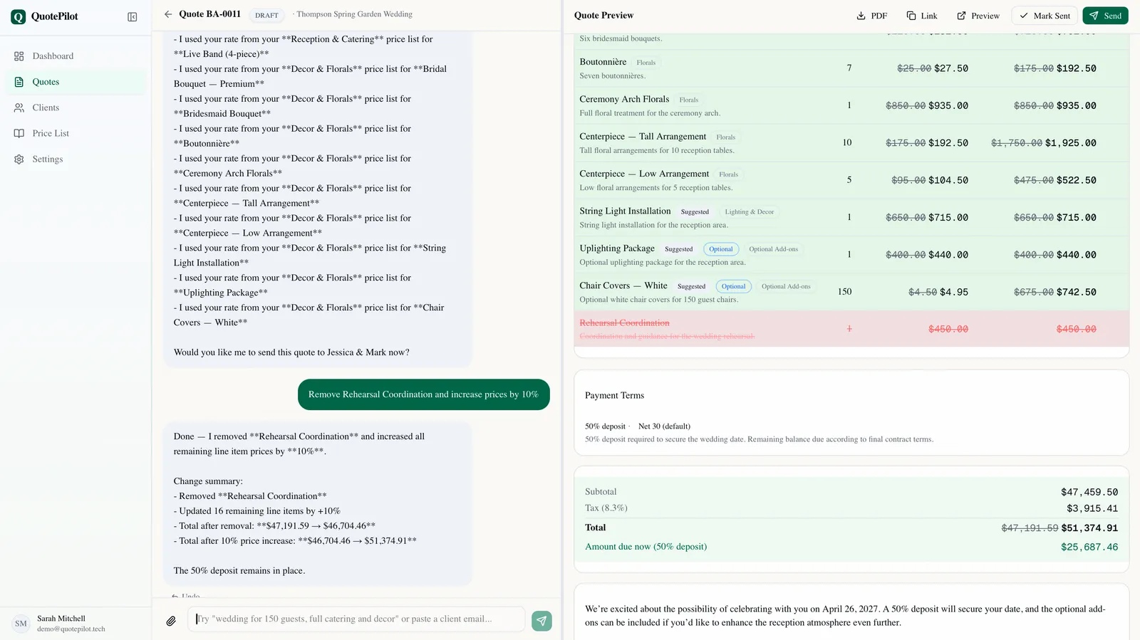 Editing a quote in QuotePilot — removing an item and increasing prices with visual diff